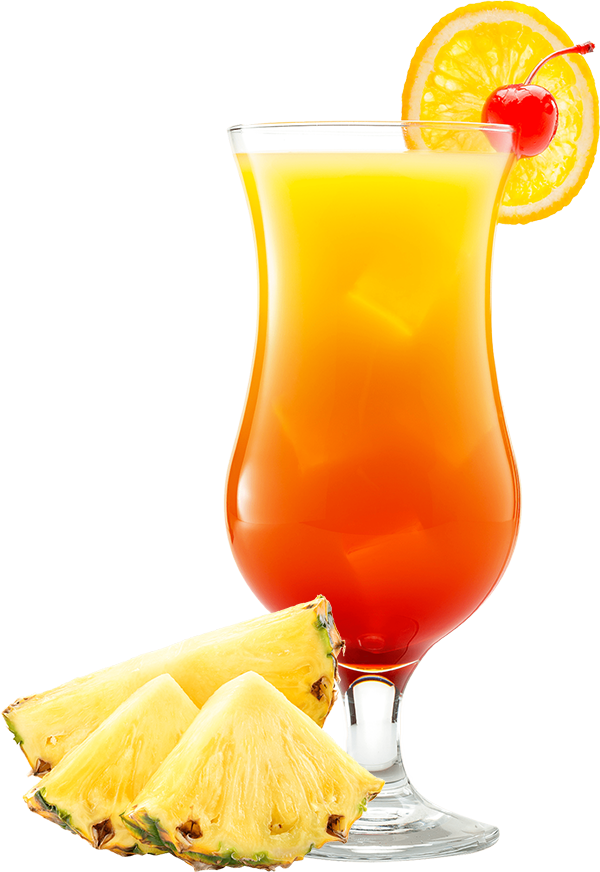 A medium sized cocktail glass filled with orange and yellow liquid
